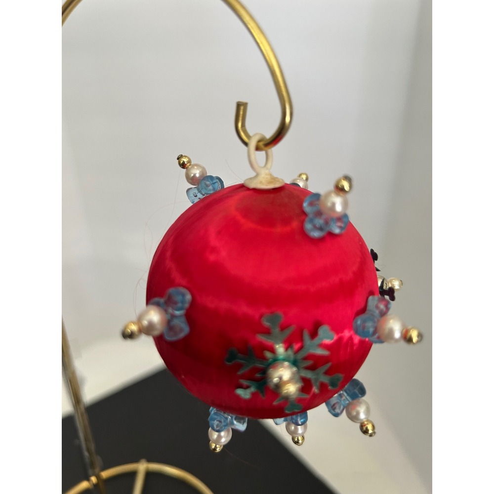 Christmas Ornament Red Satin Beaded Snowflake Faux Pearl Retro Collectible
